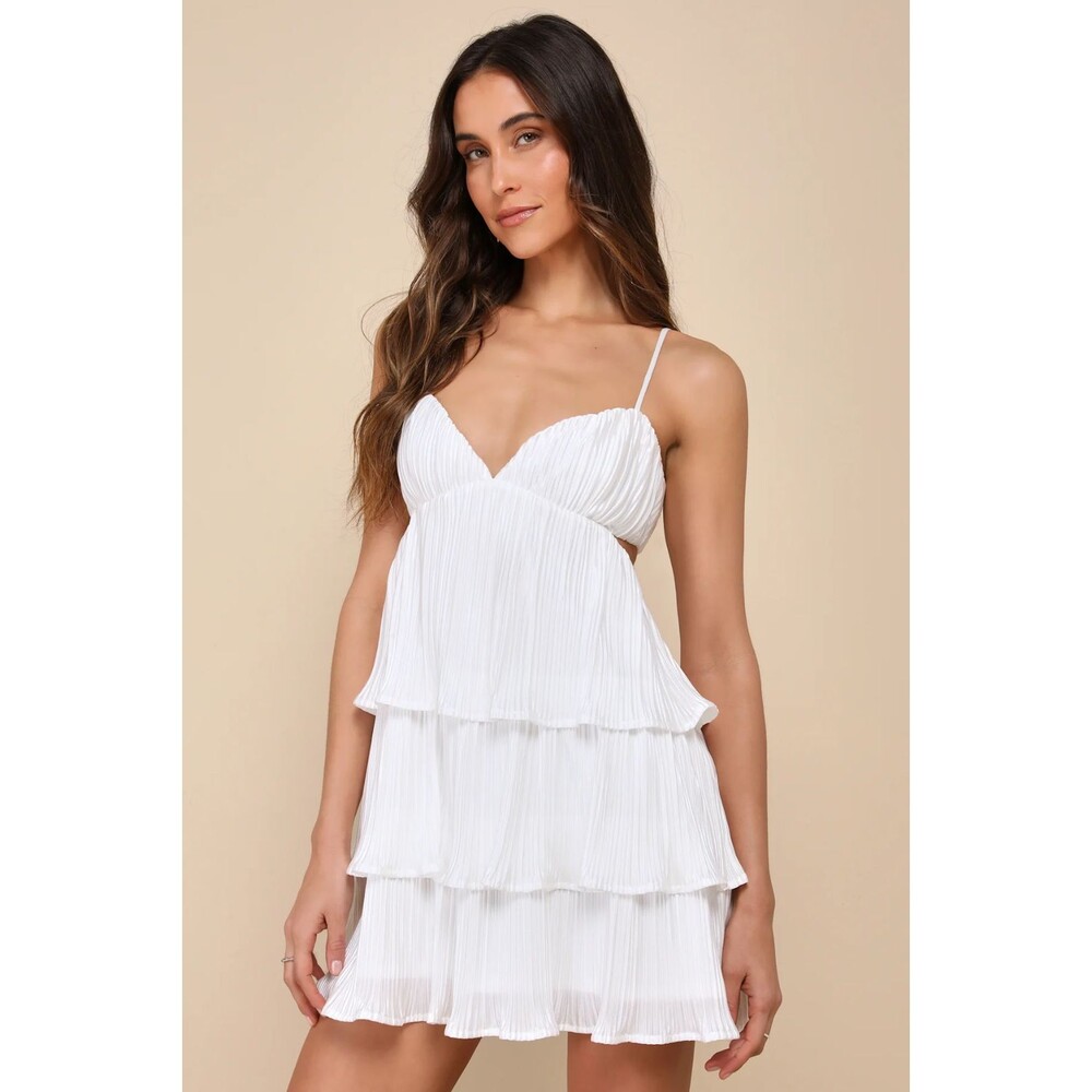 Lulus  Sleek Dedication White Satin Plisse Cutout Tiered Mini Dress Sz S Angelic
